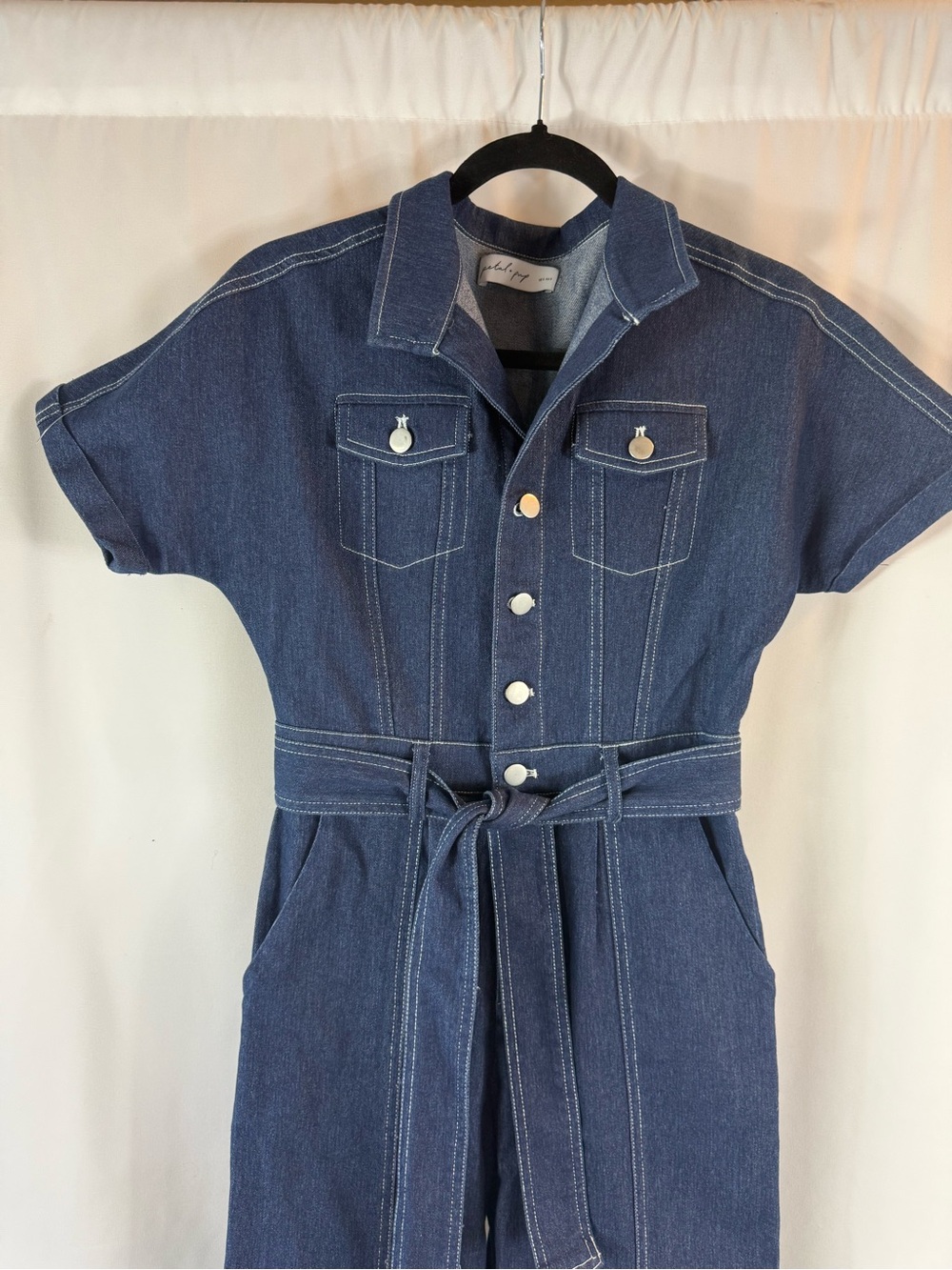 Petal & Pup Dark Blue Denim Tie-Waist Jumpsuit Short Sleeve size: S - Picture 7 of 17